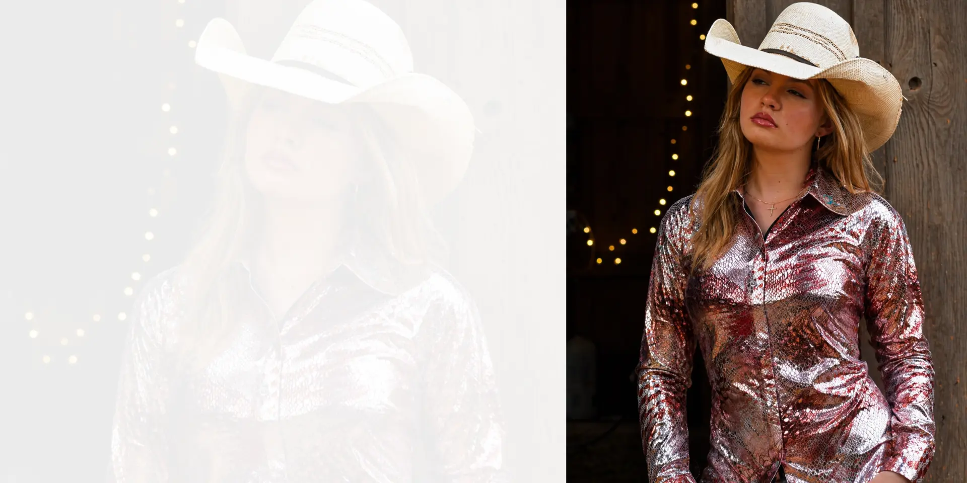 Model in a shimmering western show shirt and cowboy hat